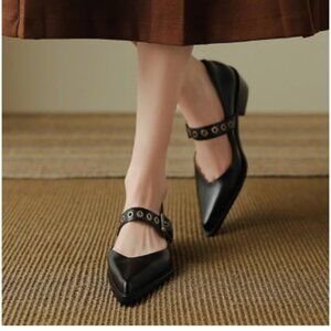 YDN Black Pointed Toe Mary Jane Chunky Heels Loafers Hollow Buckle Pumps